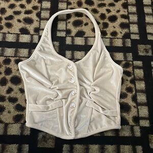 Cream colored velvet button up halter top size Large